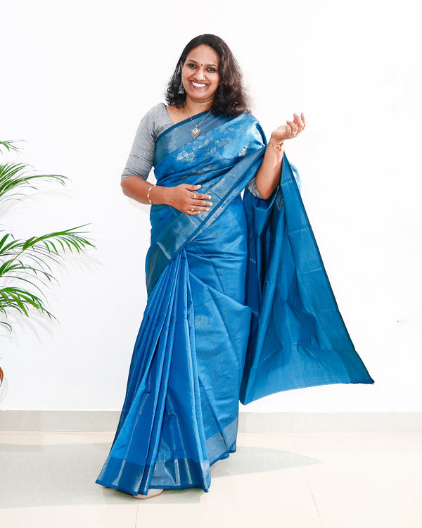 Semi Weaving Saree Silver Blue, Women Fashion