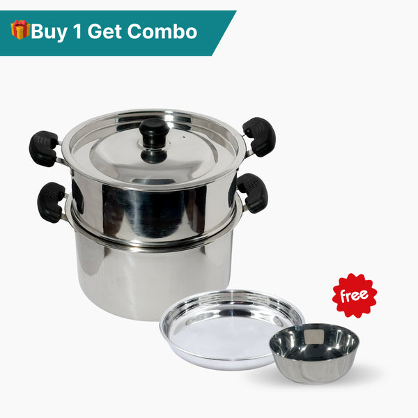 Stainless Steel Steamer with Lid (Tier 2) Get FREE Plate & Mukta Vati 180 ml