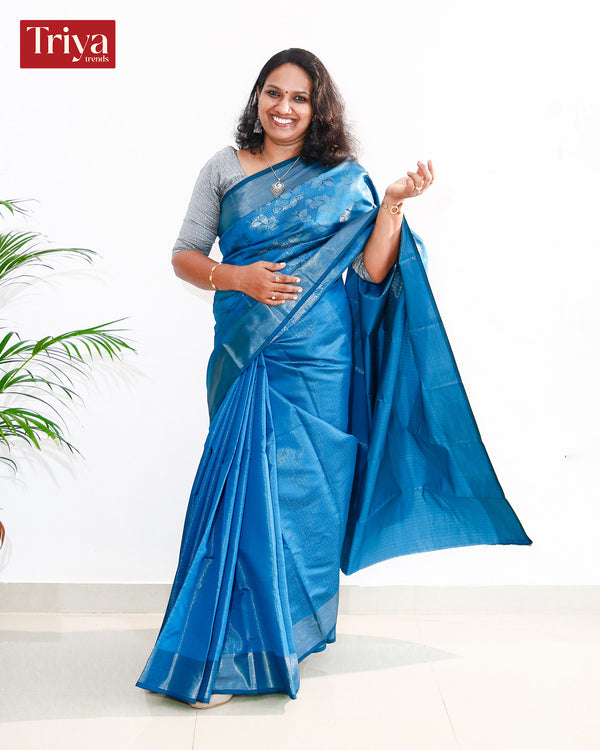 Women Semi Weaving Saree Silver Blue