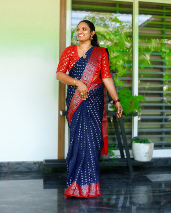 Banarasi Georgette Saree Navy Blue and Red, Women Fashion