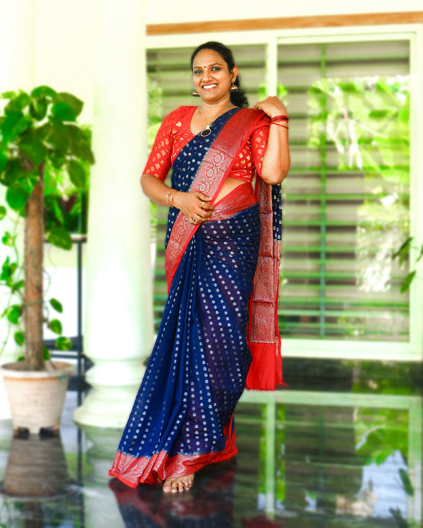 Banarasi Georgette Saree Navy Blue and Red, Women Fashion