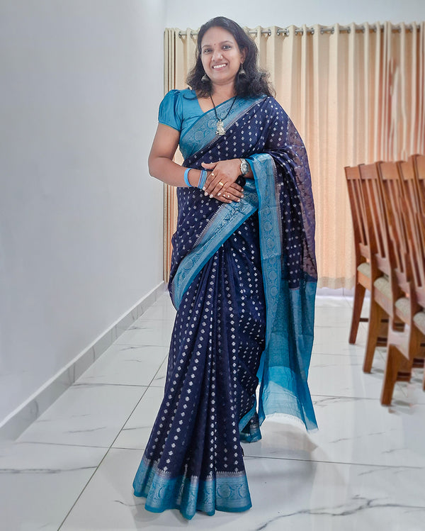 Banarasi Georgette Saree Navy Blue and Peacock Blue, Women Fashion